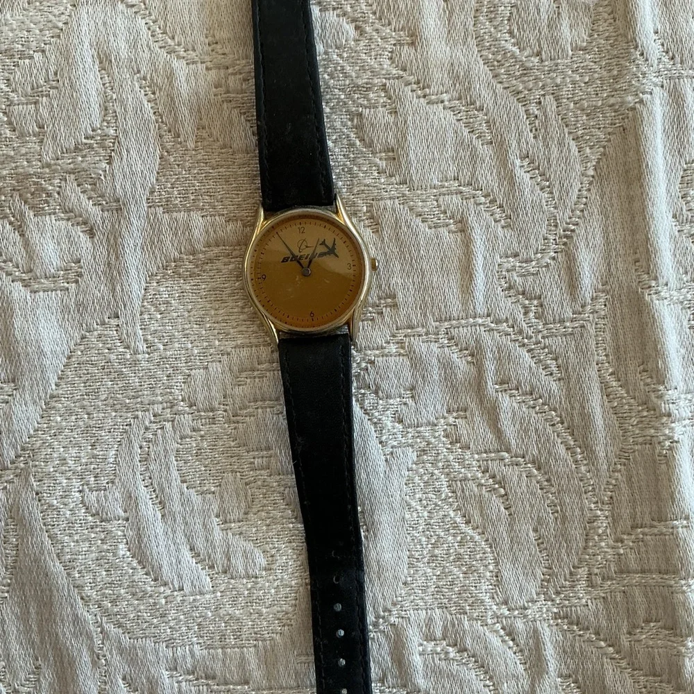 Vintage BD & A Boeing Airplane Leather Strap Men's Watch with Gold-Tone Case